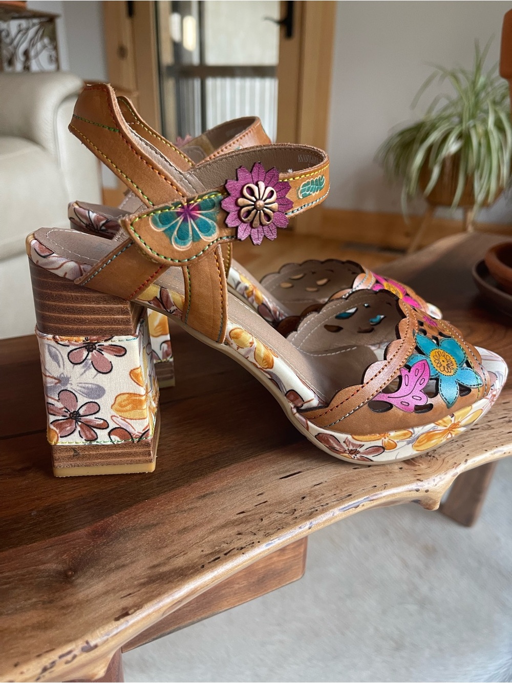 Boho Floral Tan Platform Block Heel Sandals